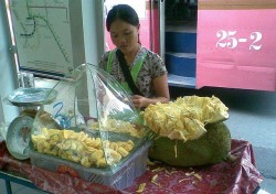 woman selling cut jackfruit